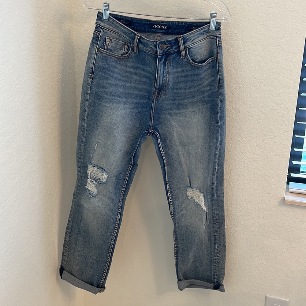 VIGOSS Jeans - High Rise, Medium-Dark Wash, Size 27, cuffed at the bottom.